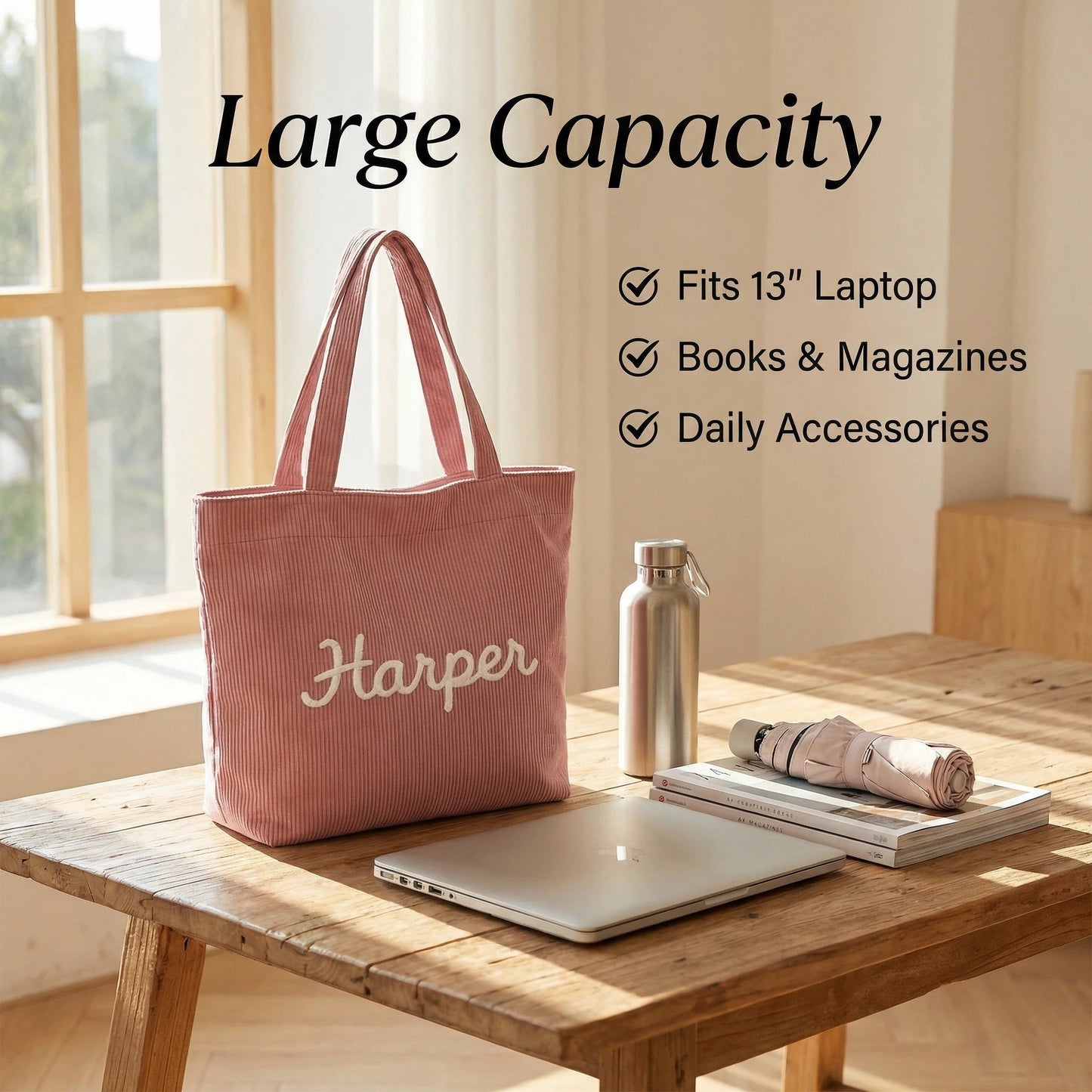 Custom Name Corduroy Tote Bag with Handcrafted 3D Crochet Flower