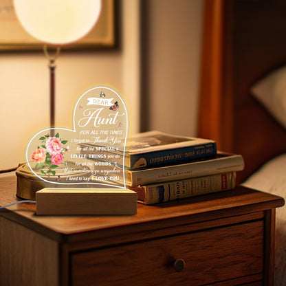 Veilleuse en acrylique en forme de cœur personnalisée - Cadre floral et message gravé au laser