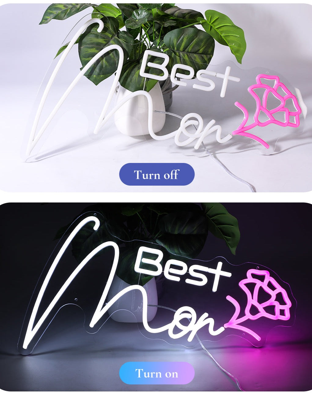 Best Mom Neon Sign - Elegant White Script & Pink Bloom LED Light for Mothers Day