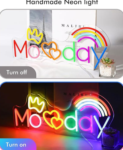 „Momday“ – Neon-Nachtlicht zum Muttertag – Handgefertigte LED-Nachtlichter mit Regenbogenherzen und Krone