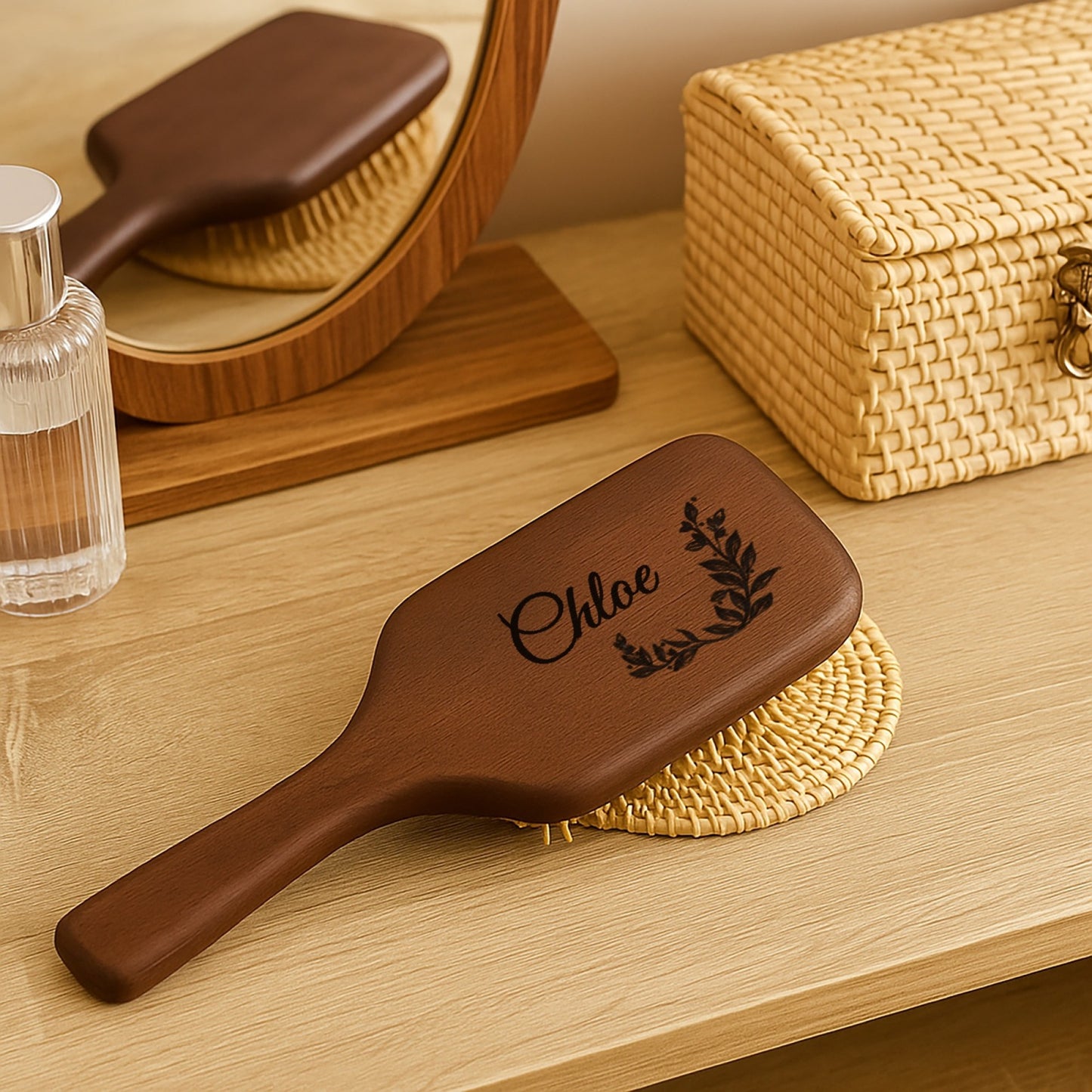 Brosse plate en bois personnalisée - Brosse démêlante personnalisée avec motif floral et nom gravé