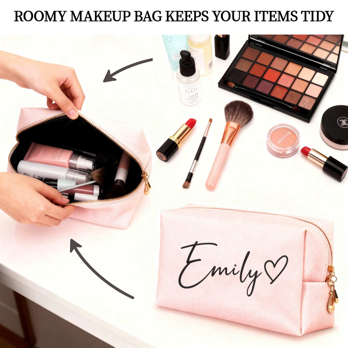 Personalized Makeup Bag - Custom Name in Elegant Script on Luxe Pouch