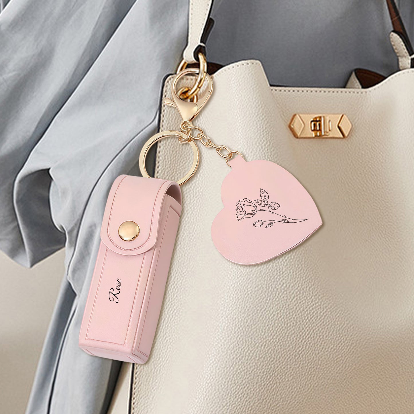 Custom Lipstick Case with Mirror & Chain - Personalized PU Leather Pouch