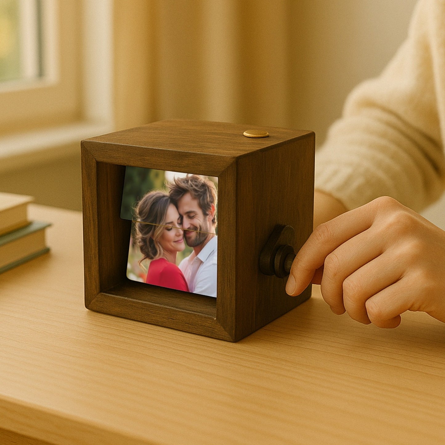 Walnut Flipbook with Crank - Handheld Cinematic Photo Album Custom 8 Images & Inscription