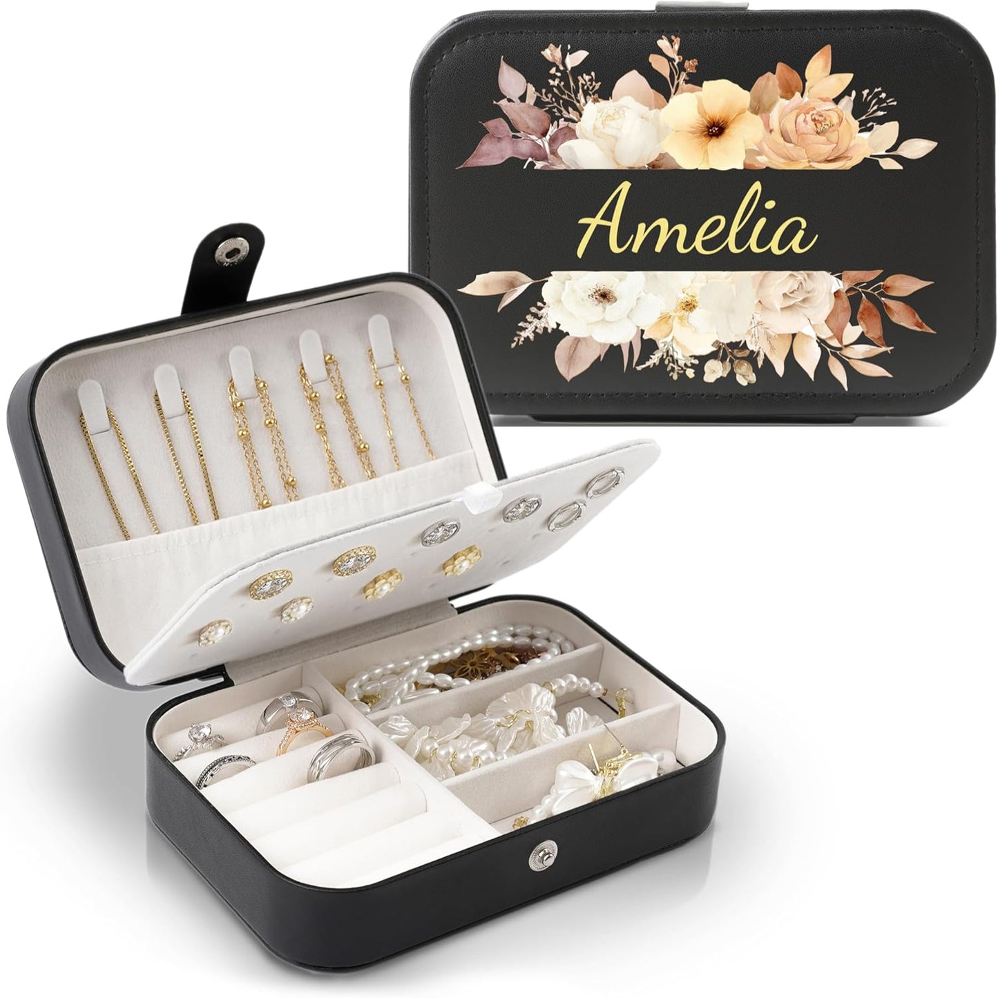 Individuell gestaltbare Harper Schmuckschatulle – Deckel mit Namen und Blumenmuster personalisieren