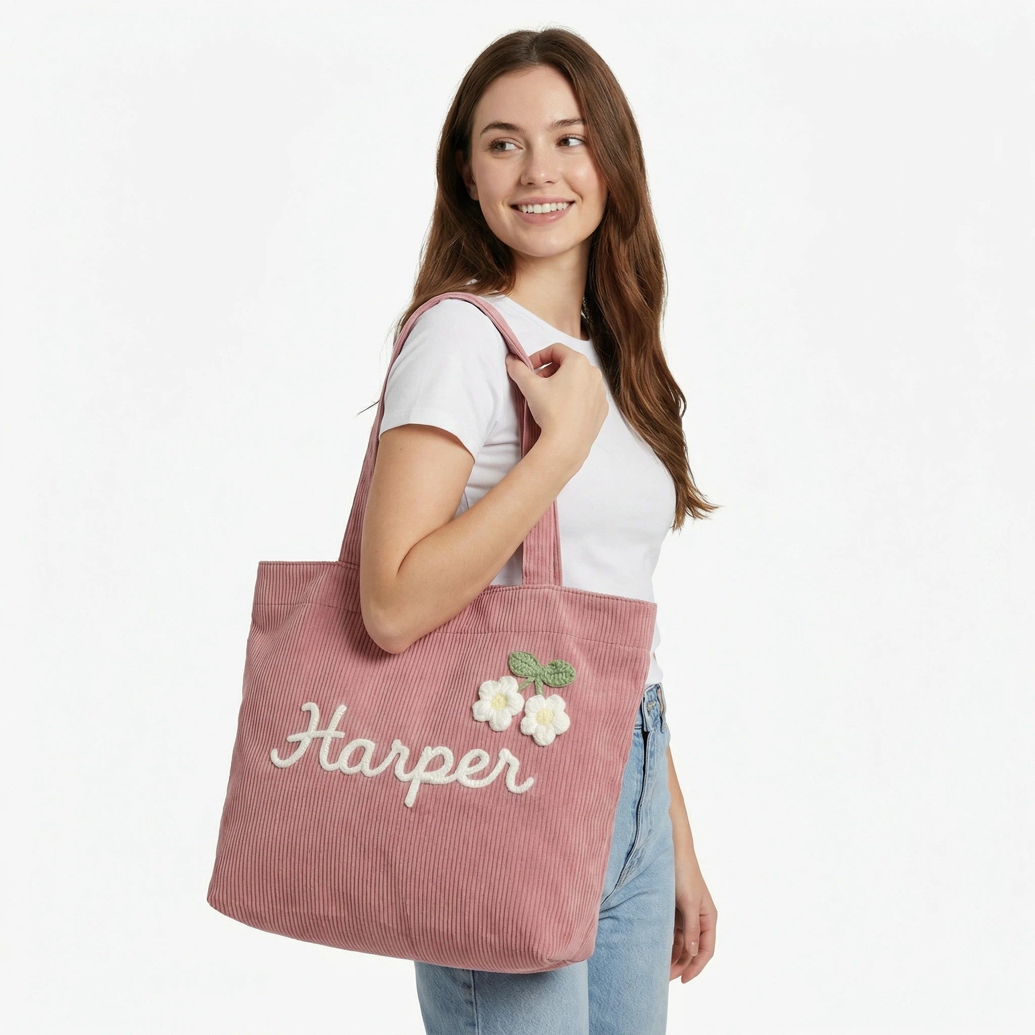 Personalized Corduroy Tote Bag | Custom 3D Crochet Flower Gift
