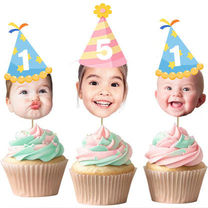 Décoration de cupcake personnalisée avec photo du visage - Chapeau de fête personnalisé pour anniversaires et événements importants