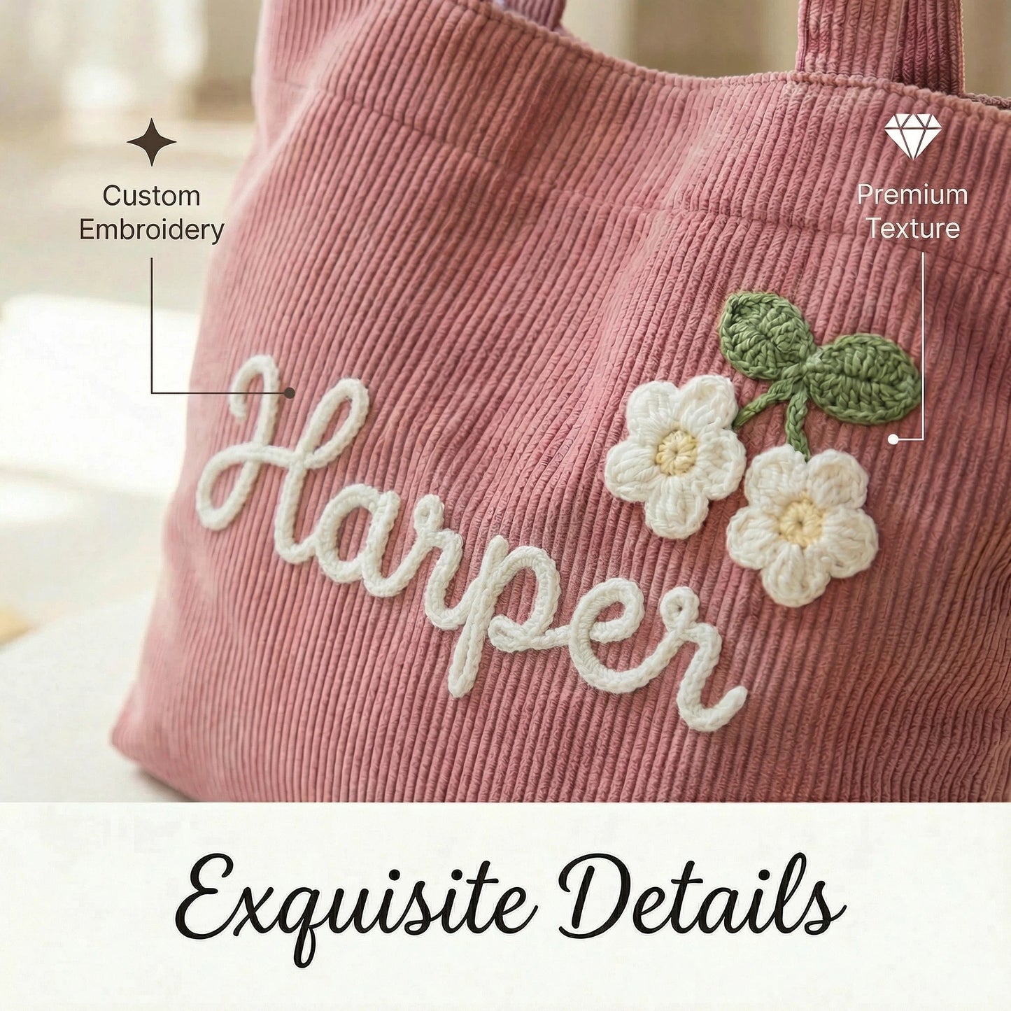 Custom Name Corduroy Tote Bag with Handcrafted 3D Crochet Flower