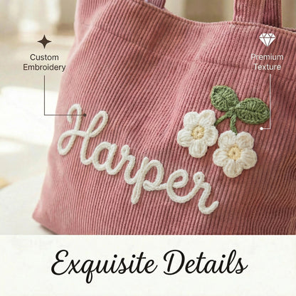 Custom Name Corduroy Tote Bag with Handcrafted 3D Crochet Flower