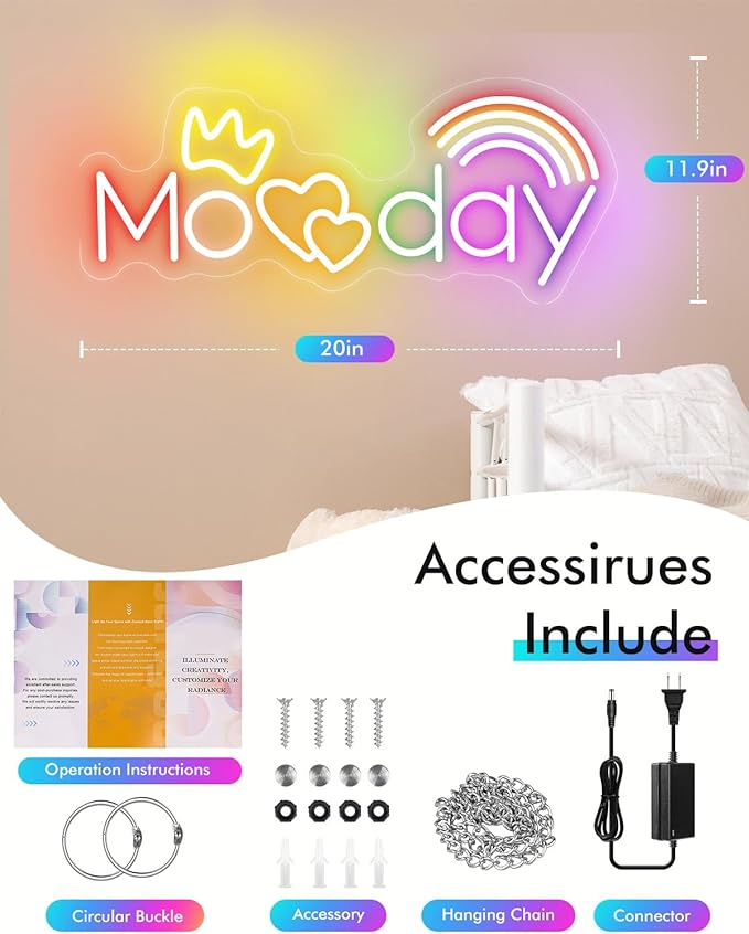 „Momday“ – Neon-Nachtlicht zum Muttertag – Handgefertigte LED-Nachtlichter mit Regenbogenherzen und Krone