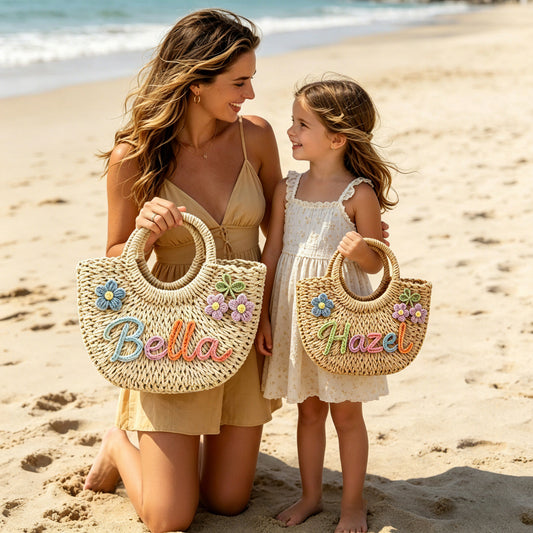 Personalized Mommy & Me Straw Tote: 3D Rainbow Embroidered Name