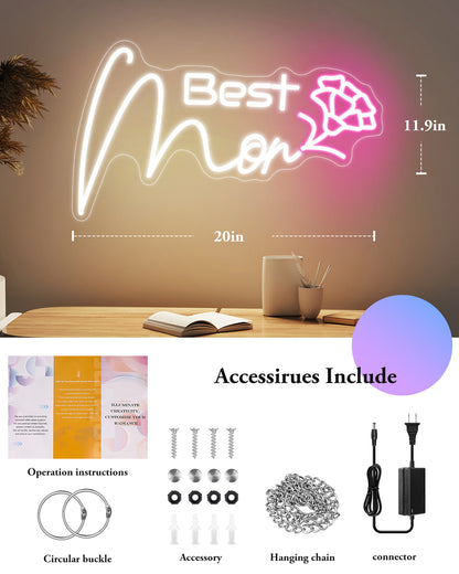 Best Mom Neon Sign - Elegant White Script & Pink Bloom LED Light for Mothers Day
