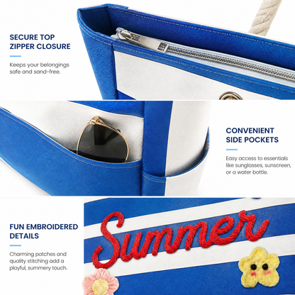 Custom Name Striped Beach Bag: Large Waterproof Vacation Tote