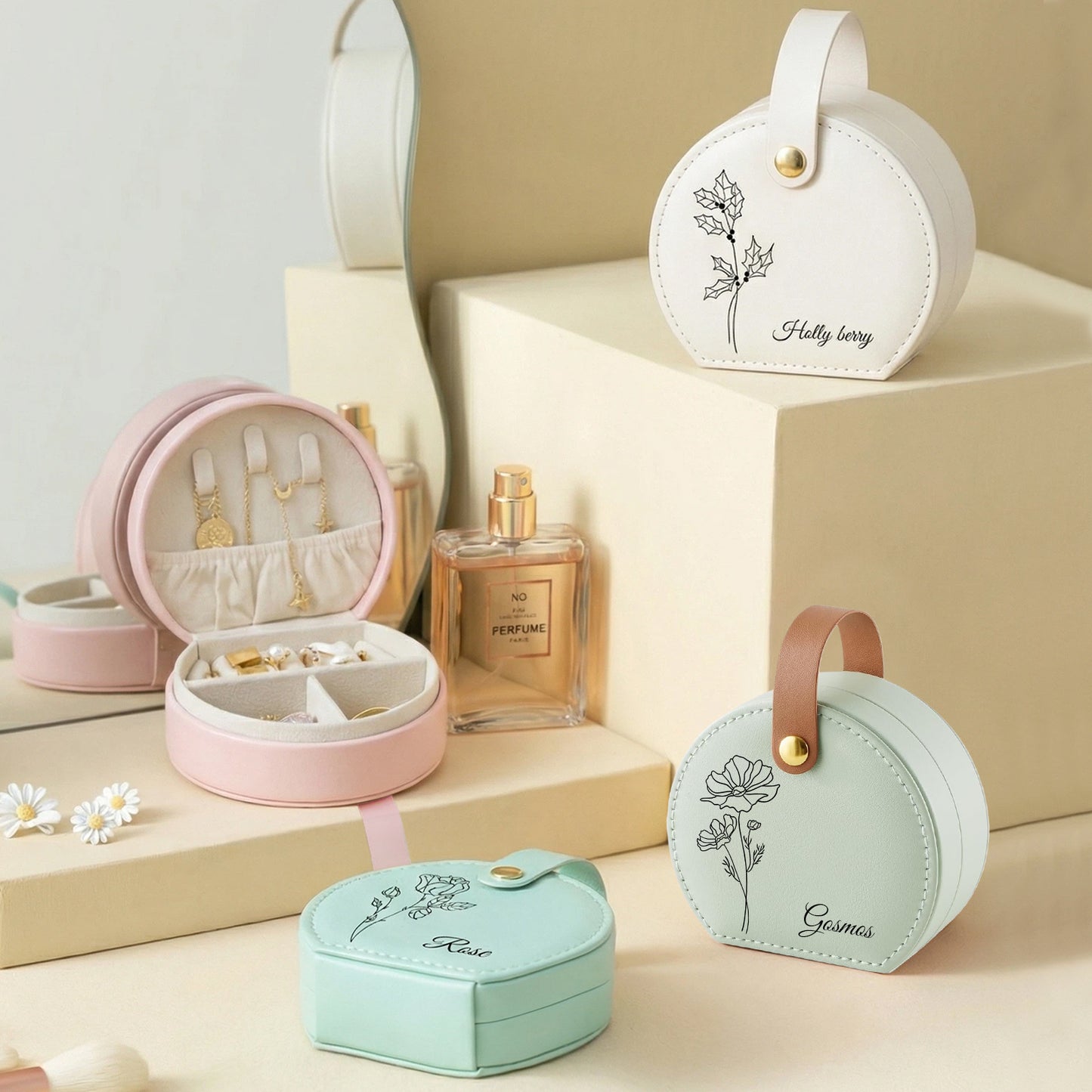 Runde Kosmetiktasche aus PU mit individuellem Pflanzen- und Textmotiv – personalisierte Kosmetiktasche