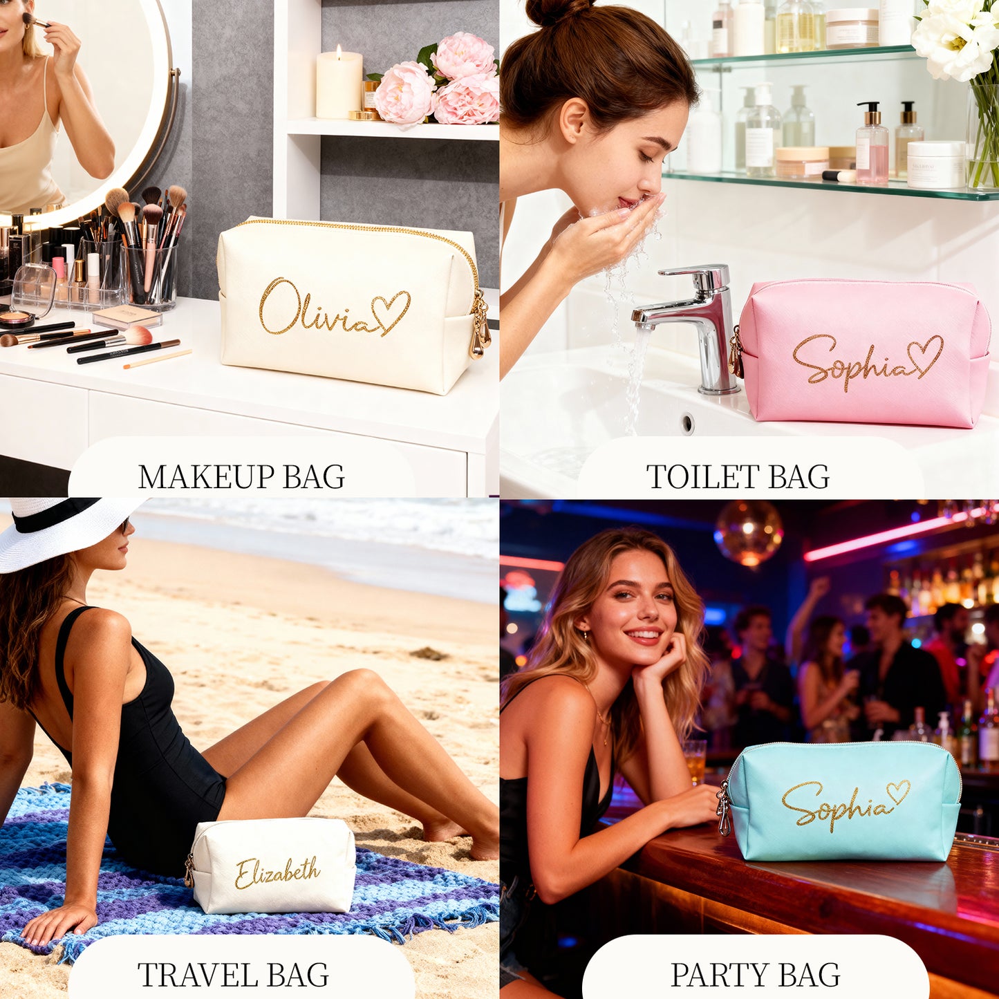 Personalized Makeup Bag - Custom Name in Elegant Script on Luxe Pouch