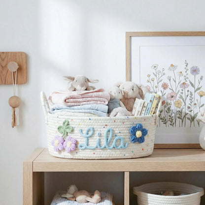 Personalized Woven Cotton Bin: 3D Embroidered Name