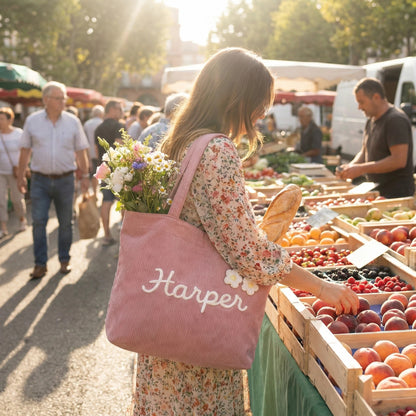 Custom Name Corduroy Tote Bag with Handcrafted 3D Crochet Flower