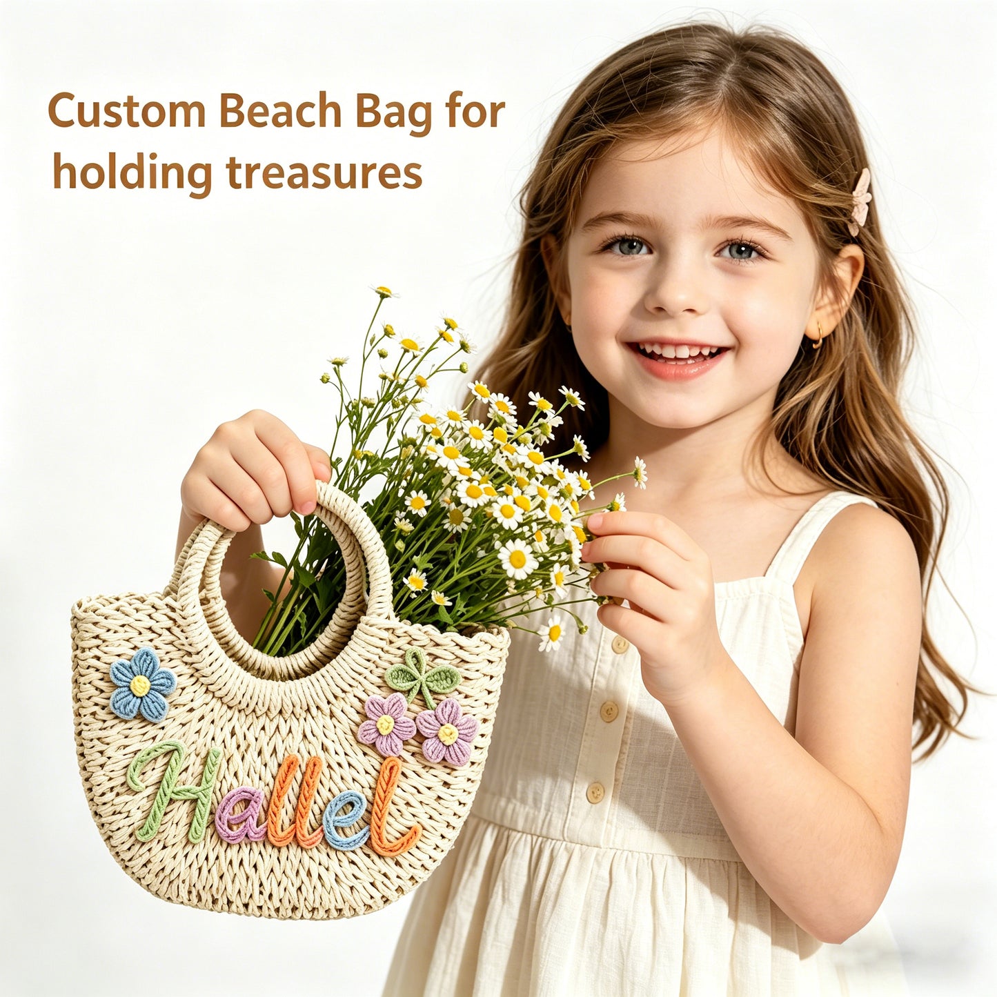Personalized Mommy & Me Straw Tote: 3D Rainbow Embroidered Name