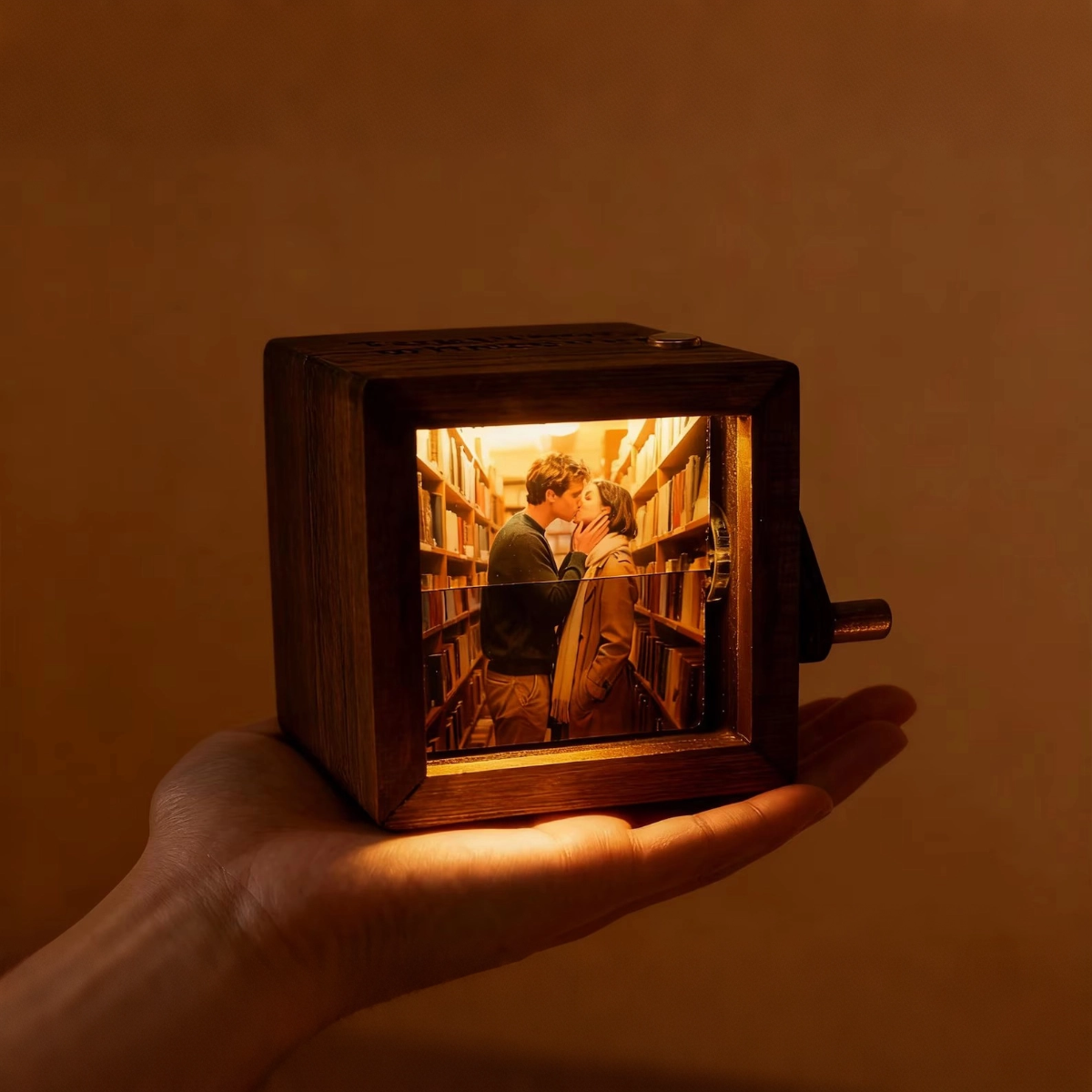 Walnut Flipbook with Crank - Handheld Cinematic Photo Album Custom 8 Images & Inscription