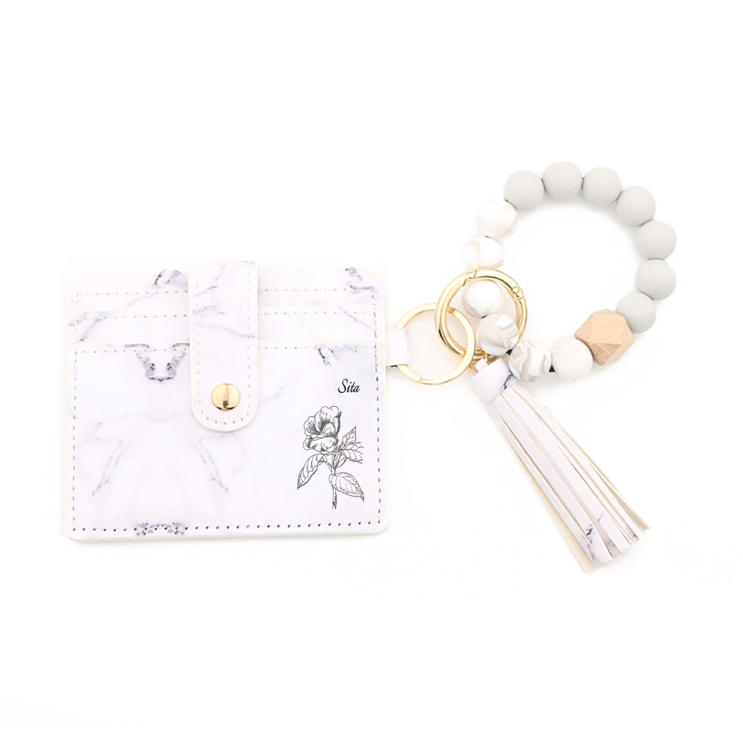 Personalisierter Namenskartenhalter aus Leder mit abnehmbarem Perlenarmband