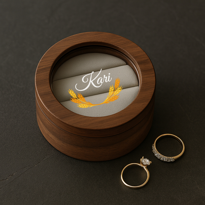 Runde Schmuckschatulle aus Walnussholz mit individuellem Deckel – personalisiertes Erinnerungsstück mit Text und Muster