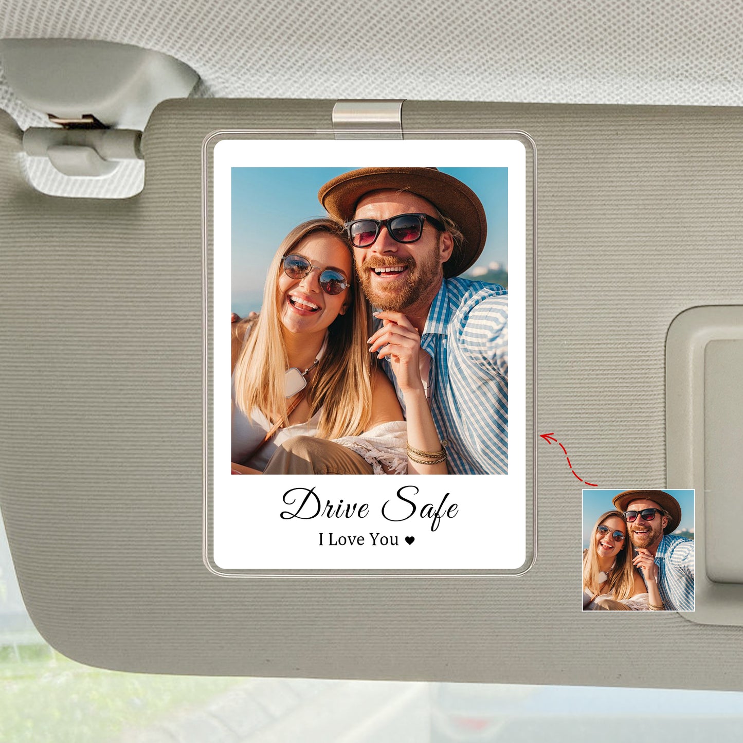 Personalized Car Sun Visor Photo Holder - Custom Acrylic Picture Clip with Safe Driving Text, Unique Car Interior Accessory & Keepsake Gift
