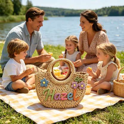 Personalized Mommy & Me Straw Tote: 3D Rainbow Embroidered Name