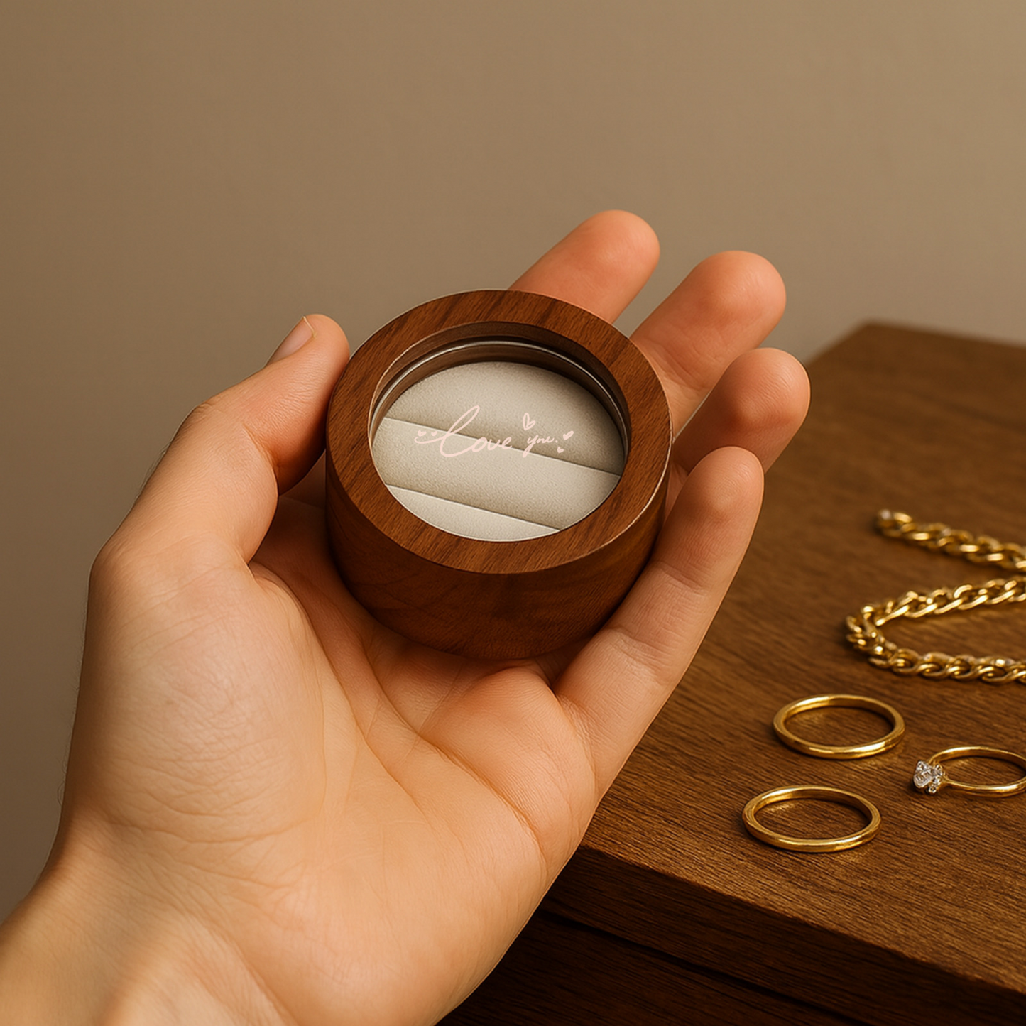 Runde Schmuckschatulle aus Walnussholz – Erinnerungsstück mit individuellem Text und Muster