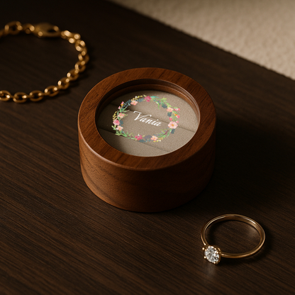 Runde Schmuckschatulle aus Walnussholz – Individuell gestaltete Erinnerungsbox mit transparentem Deckel und transparentem Deckel.