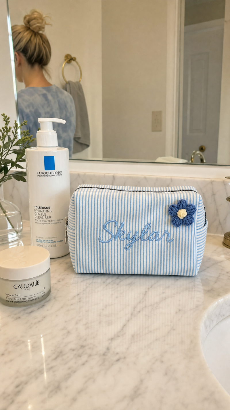 Custom Name Striped Makeup Bag: Handmade Crochet Flower Pouch