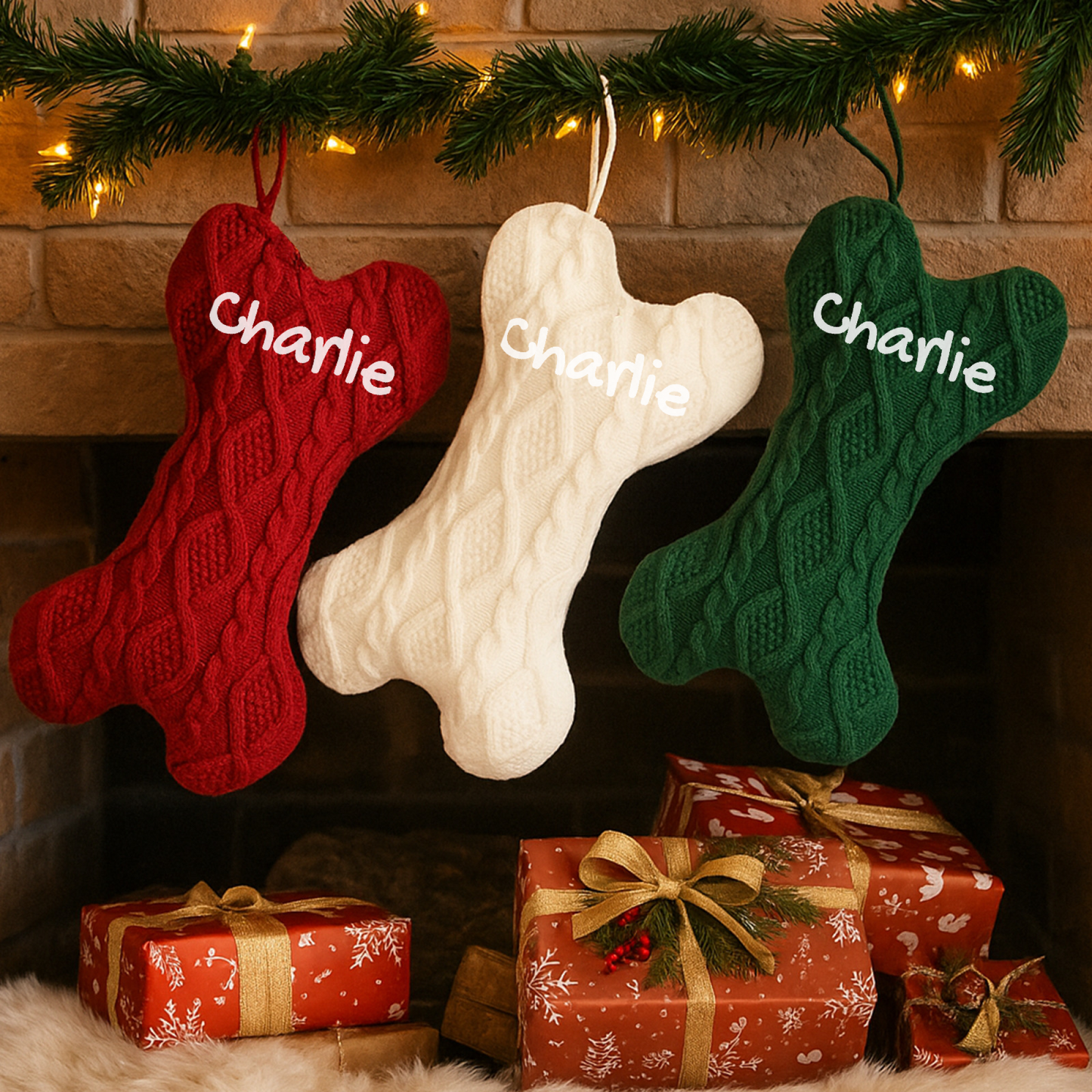 Chaussette de Noël en forme d'os - Décoration de Noël tricotée personnalisée avec nom