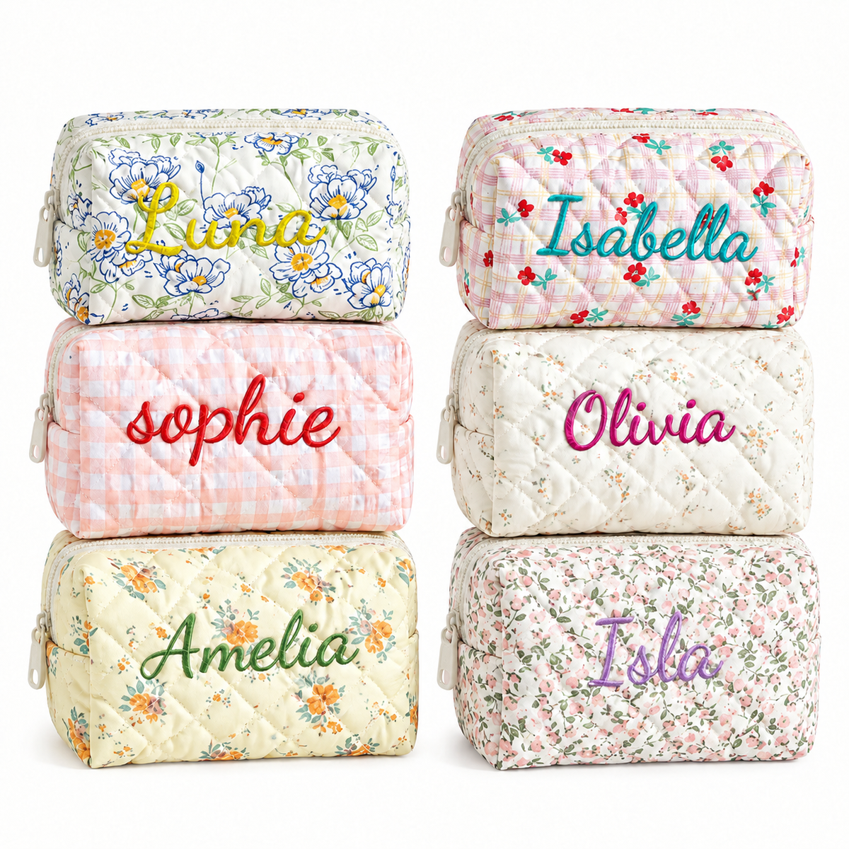 Personalized Floral & Gingham Quilted Makeup Bag