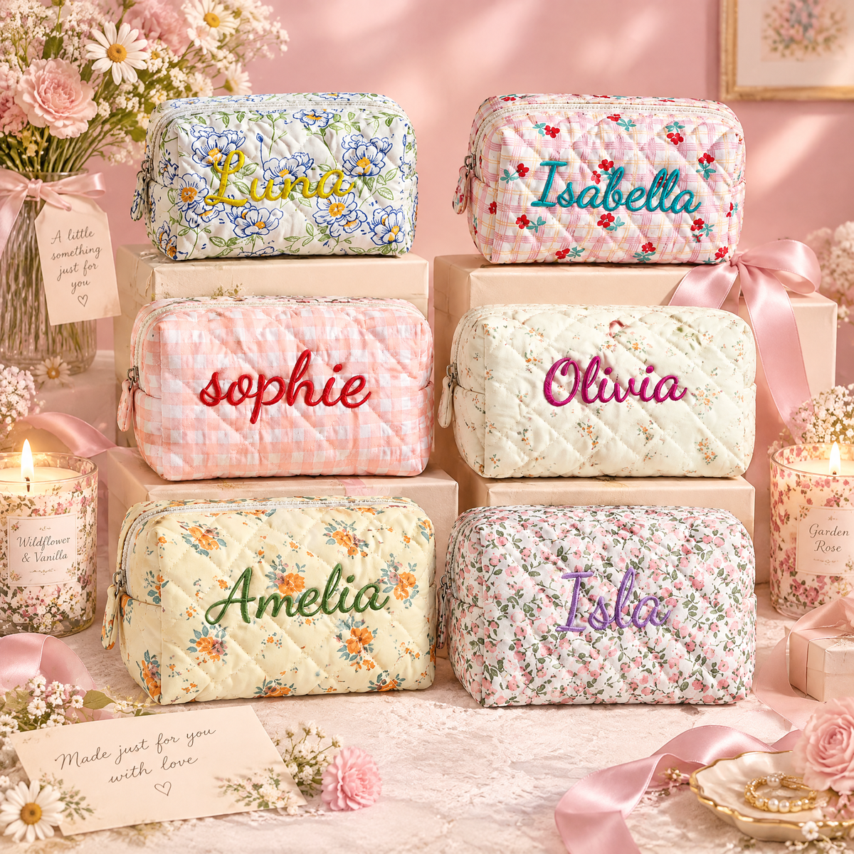 Personalized Floral & Gingham Quilted Makeup Bag