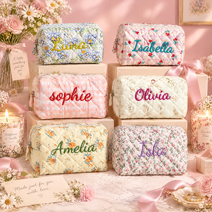 Personalized Floral & Gingham Quilted Makeup Bag