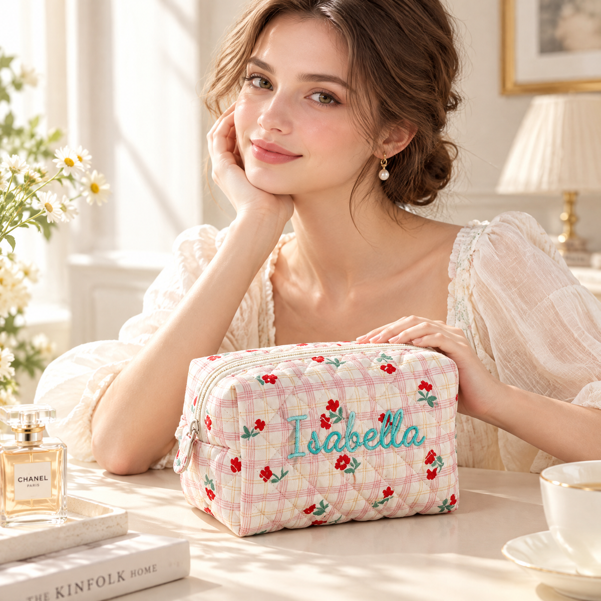 Personalized Floral & Gingham Quilted Makeup Bag
