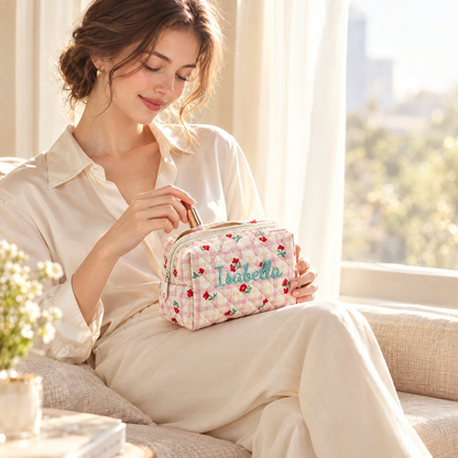 Personalized Floral & Gingham Quilted Makeup Bag