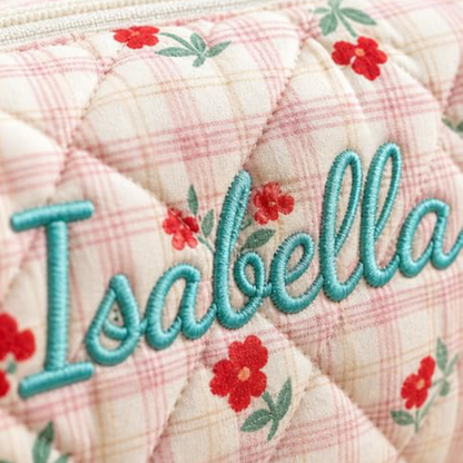 Personalized Floral & Gingham Quilted Makeup Bag