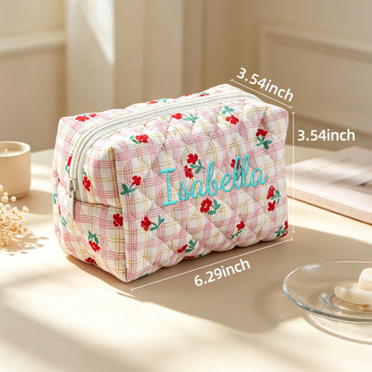 Personalized Floral & Gingham Quilted Makeup Bag