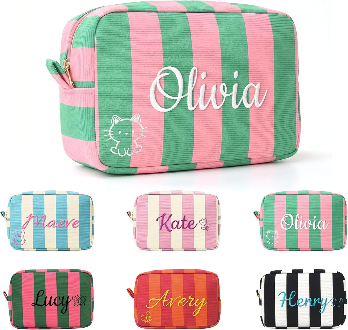 Personalized Striped Corduroy Makeup Bag