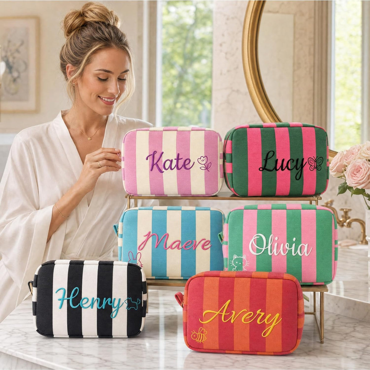Personalized Striped Corduroy Makeup Bag