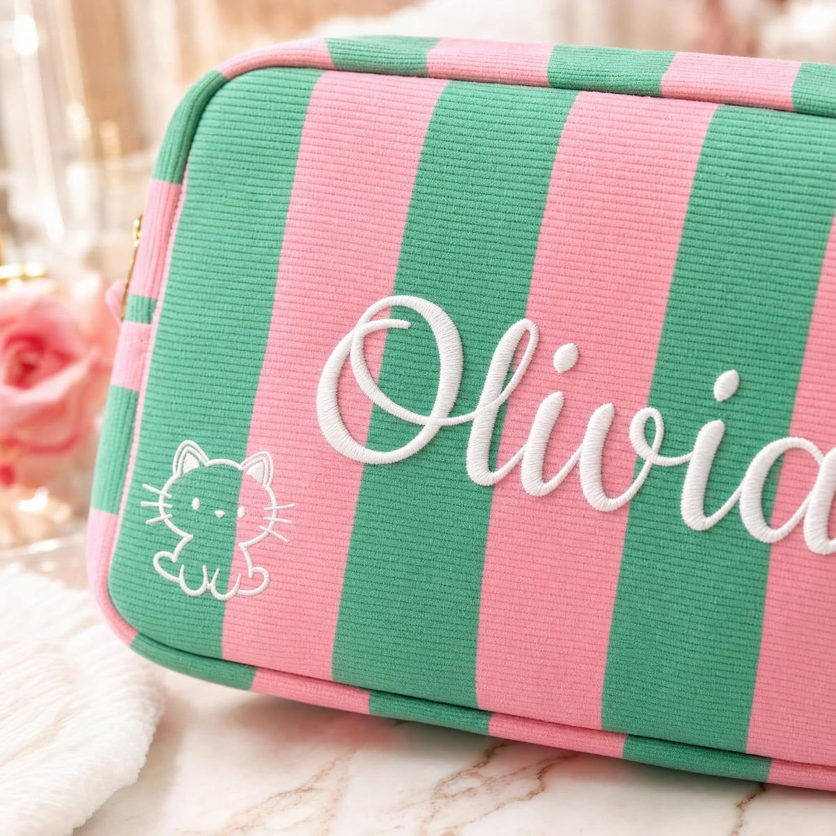 Personalized Striped Corduroy Makeup Bag