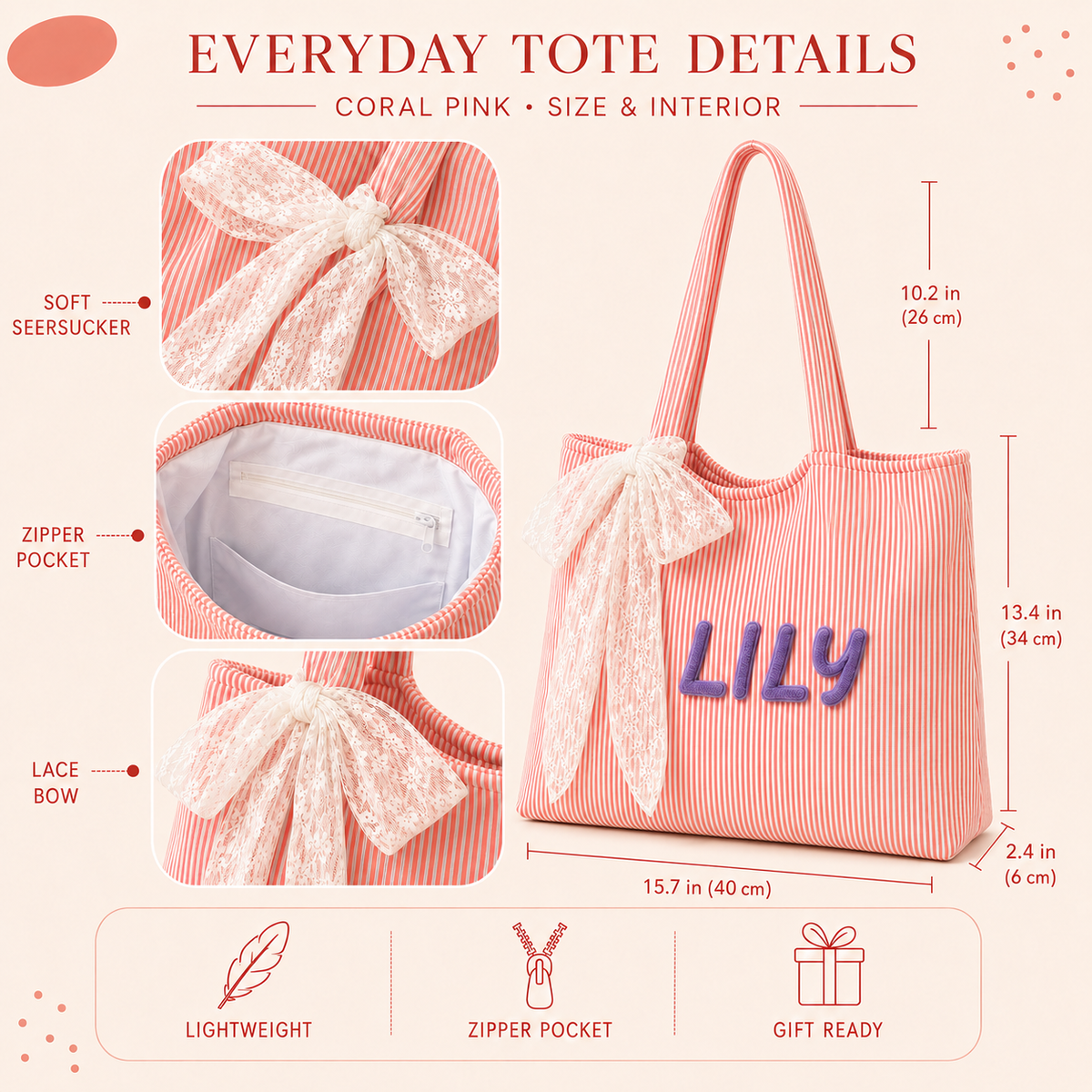 Personalized Seersucker-Textured Tote with Lace Bow