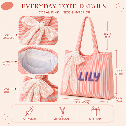 Personalized Seersucker-Textured Tote with Lace Bow