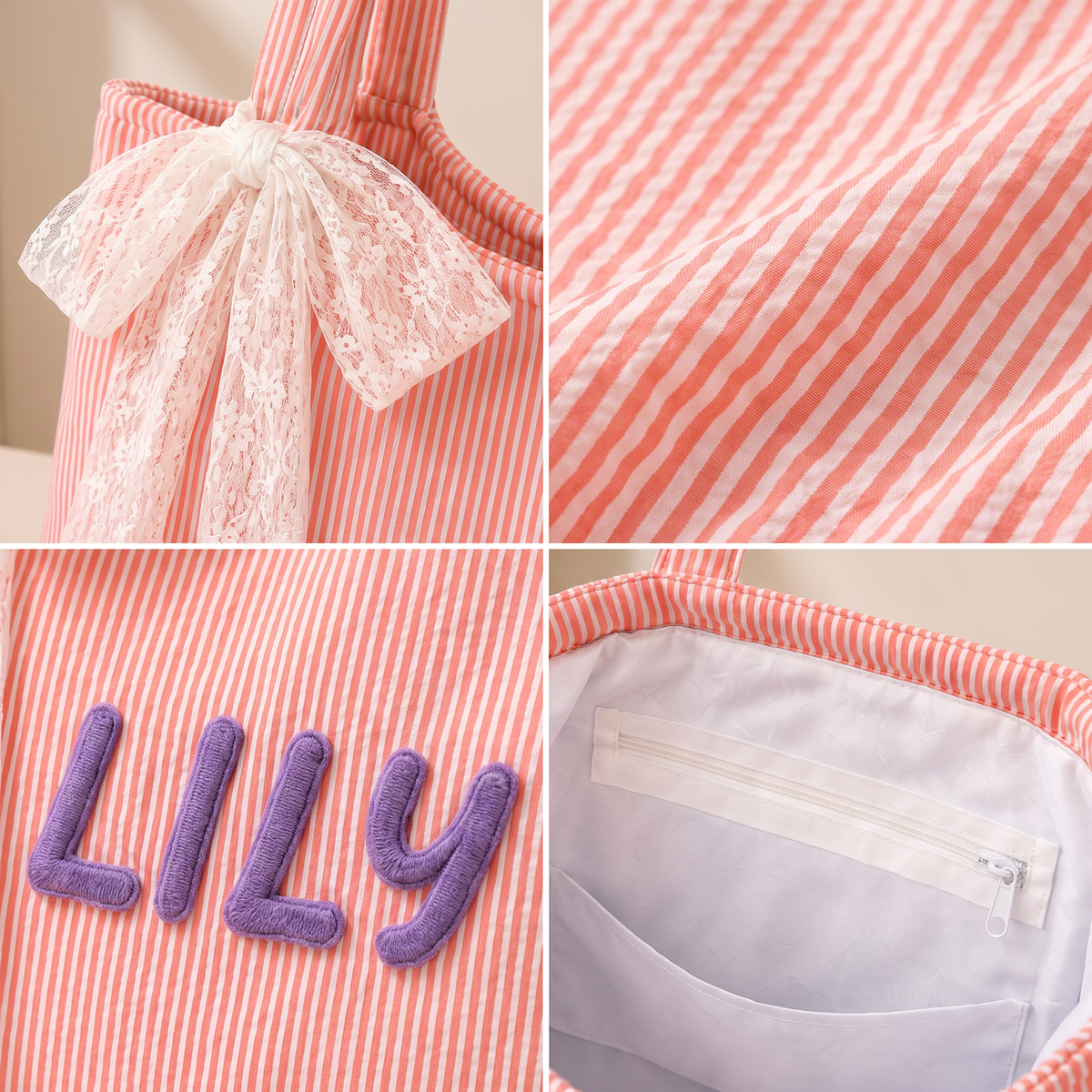Personalized Seersucker-Textured Tote with Lace Bow