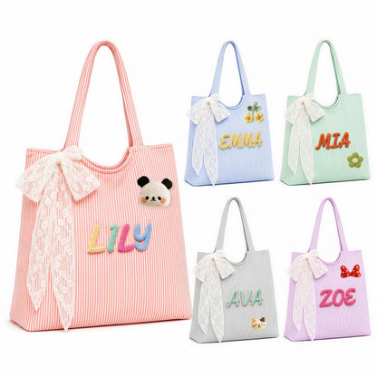 Personalized Seersucker-Textured Tote with Lace Bow