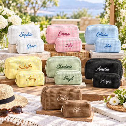 Personalized Waffle Makeup Bag with Embroidered Text