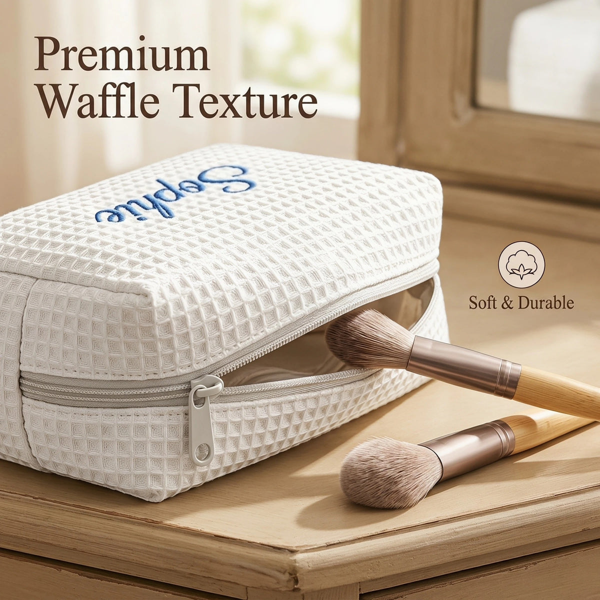 Personalized Waffle Makeup Bag with Embroidered Text