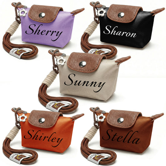 five colors of the personalized mini coin pouch, lavenda\black\off white\terracotta orange\brown