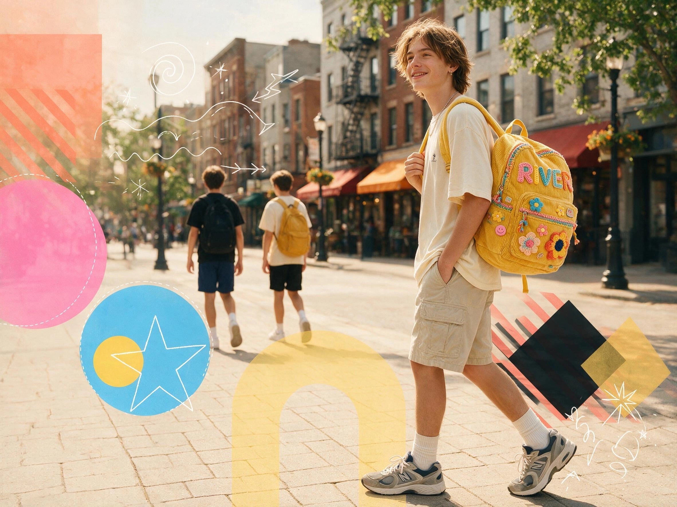 Student carrying a personalized backpack in a colorful Back-to-School lifestyle scene