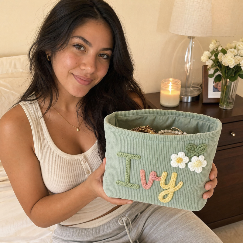 Personalized Corduroy Pouch: 3D Embroidered Name